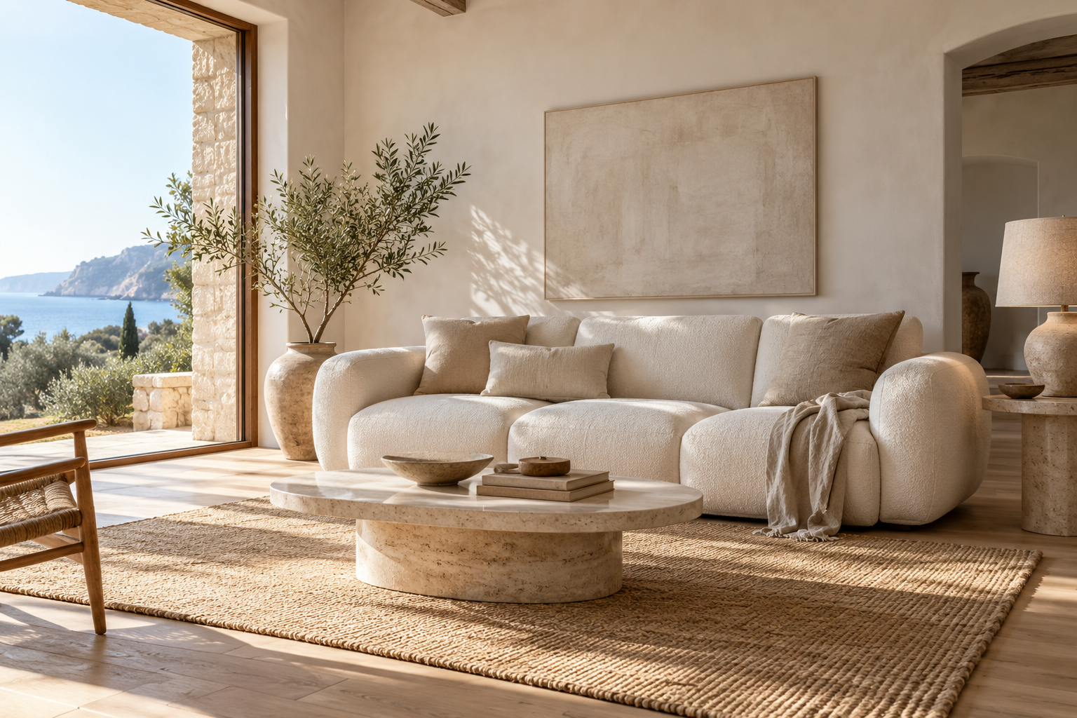 Un soggiorno mediterraneo, tra rovere e bouclé