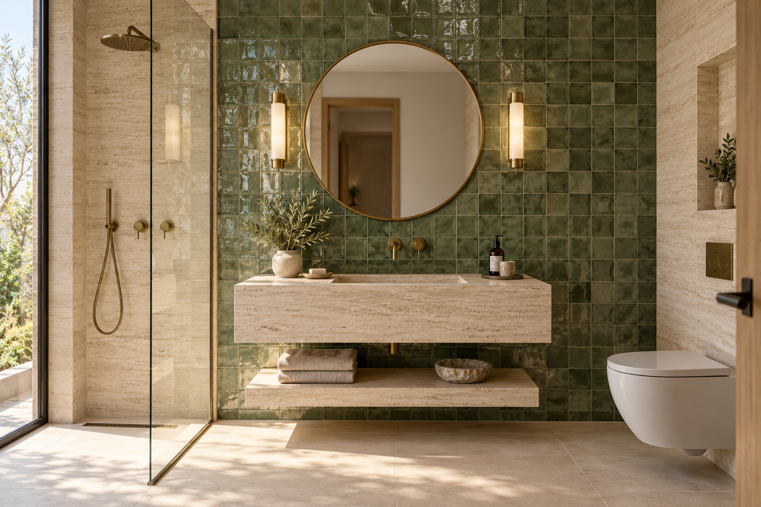 Il bagno materico in salvia e travertino